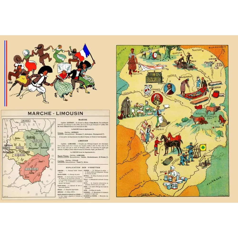 Carte illustrée Marche Limousin J.-P. Pinchon porcelaine Limoges tapisseries Aubusson mines Corrèze vignettes Carte illustrée Marche Limousin J.-P. Pinchon porcelaine Limoges tapisseries Aubusson mines Corrèze vignettes