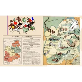 Carte illustrée Savoie Dauphiné J.-P. Pinchon Mont-Blanc Chamonix ski Grenoble Aix-les-Bains Alpes vignettes