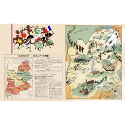 Carte illustrée Savoie Dauphiné J.-P. Pinchon Mont-Blanc Chamonix ski Grenoble Aix-les-Bains Alpes vignettes