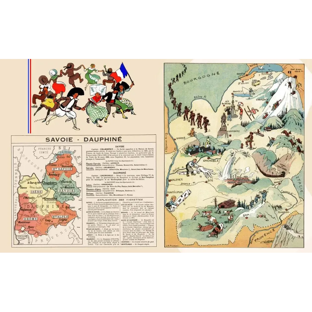 Carte illustrée Savoie Dauphiné J.-P. Pinchon Mont-Blanc Chamonix ski Grenoble Aix-les-Bains Alpes vignettes Carte illustrée Savoie Dauphiné J.-P. Pinchon Mont-Blanc Chamonix ski Grenoble Aix-les-Bains Alpes vignettes