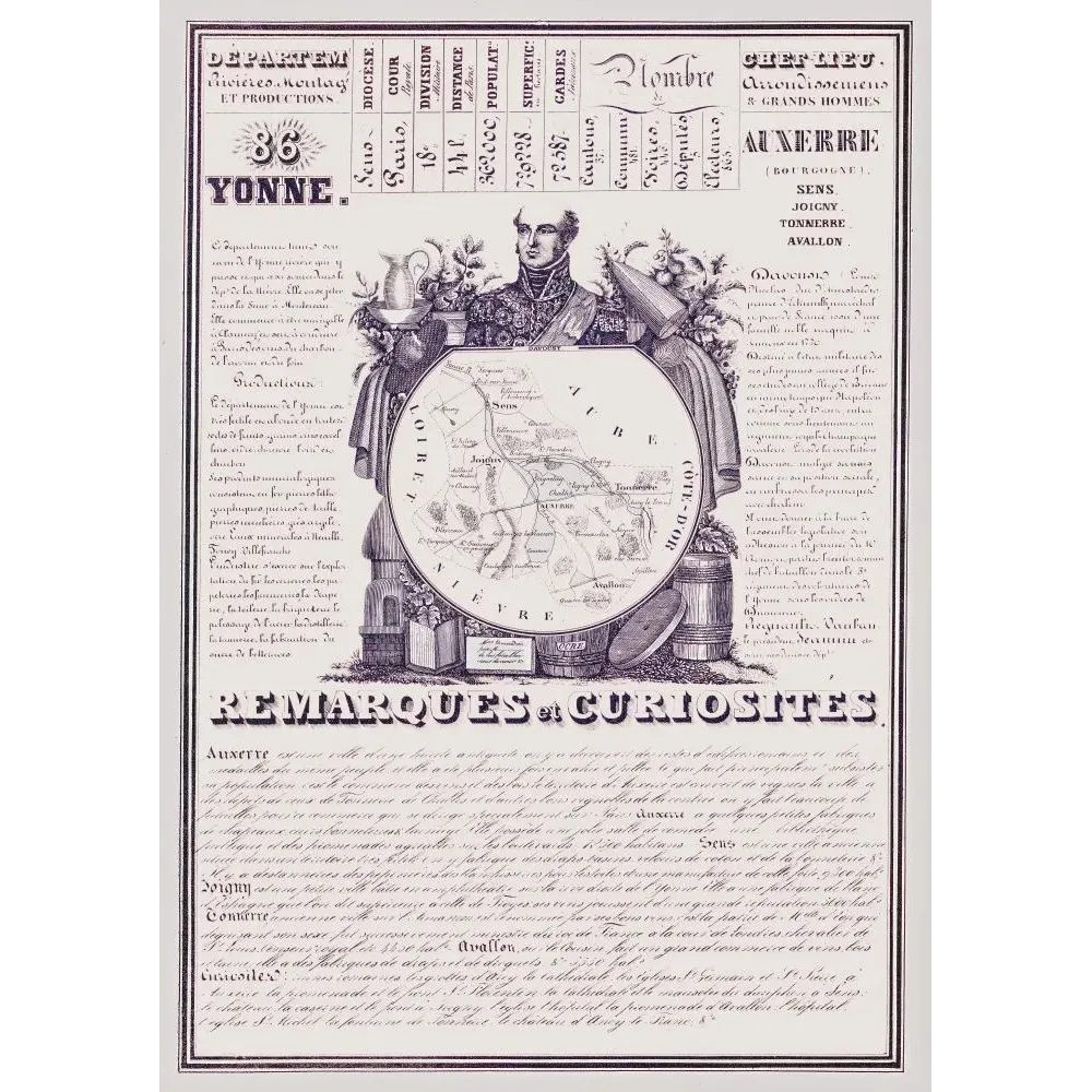 Document statistique Yonne n°86 Auxerre maréchal Davout carte Bourgogne vins Chablis Sens Tonnerre XIXe