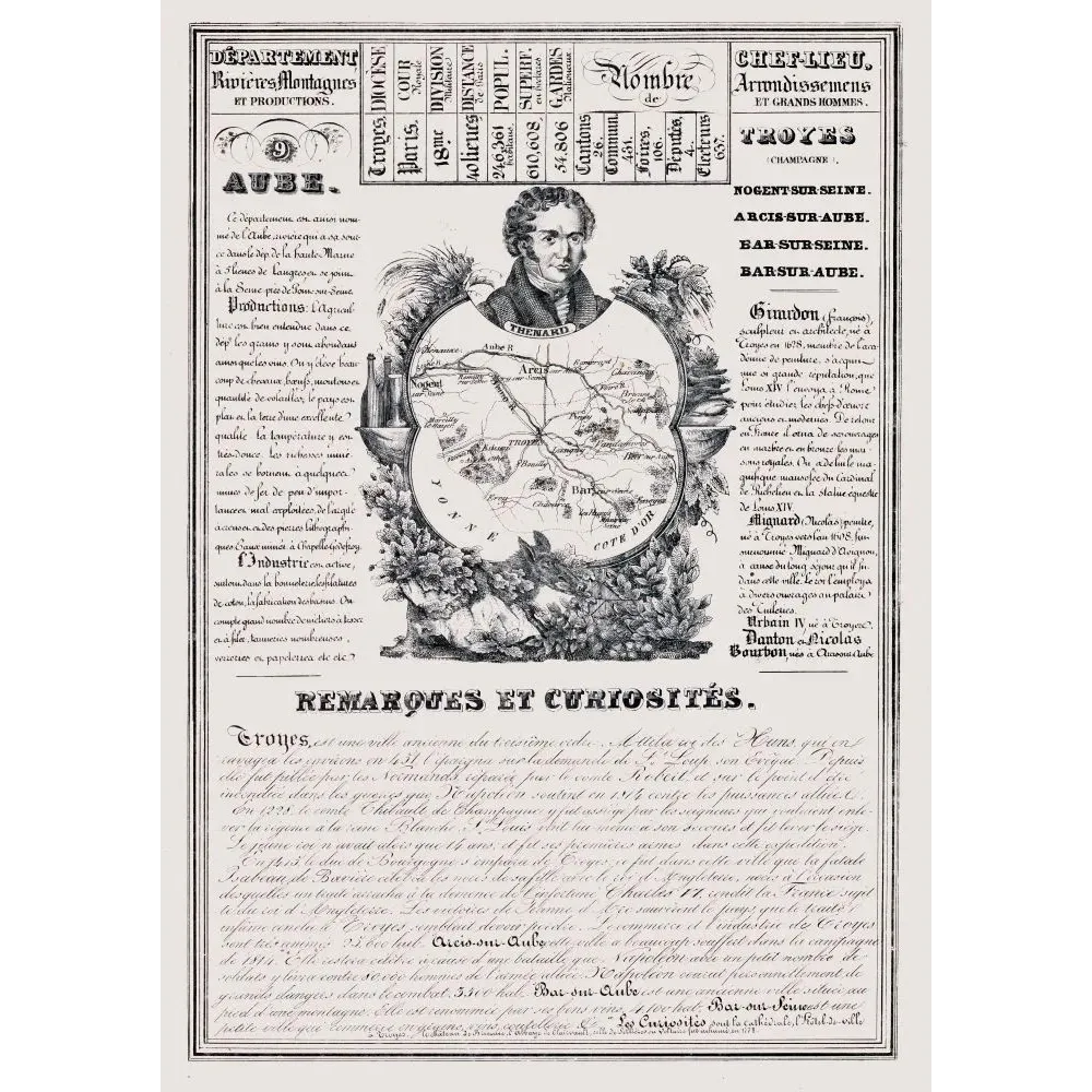 Document statistique Aube n°9 Troyes Thénard Danton Girardon bonneterie carte Champagne XIXe