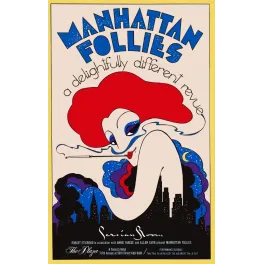 Affiche spectacle Manhattan Follies Persian Room Plaza Hotel New York Art Déco chanteuse rousse skyline nocturne