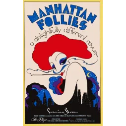 Affiche spectacle Manhattan Follies Persian Room Plaza Hotel New York Art Déco chanteuse rousse skyline nocturne