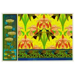 Planche ornementale Art Nouveau orchidées roses oiseaux fond jaune frise fougères nénuphars fin XIXe