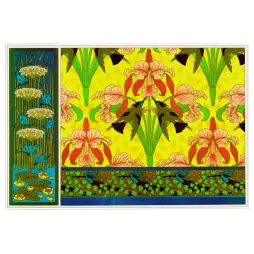 Planche ornementale Art Nouveau orchidées roses oiseaux fond jaune frise fougères nénuphars fin XIXe