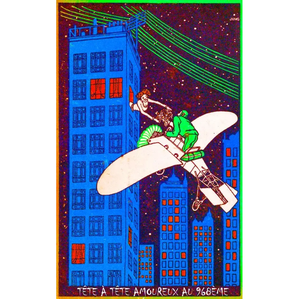 Illustration humoristique Jung couple aéroplane gratte-ciel nocturne tête à tête amoureux 968ème début XXe Illustration humoristique Jung couple aéroplane gratte-ciel nocturne tête à tête amoureux 968ème début XXe