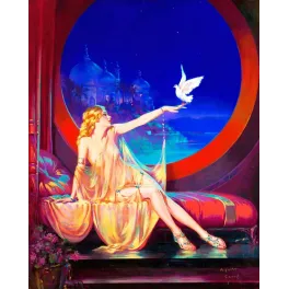 Peinture orientaliste Henry Clive femme robe dorée colombe blanche palais dômes lac nocturne 1920