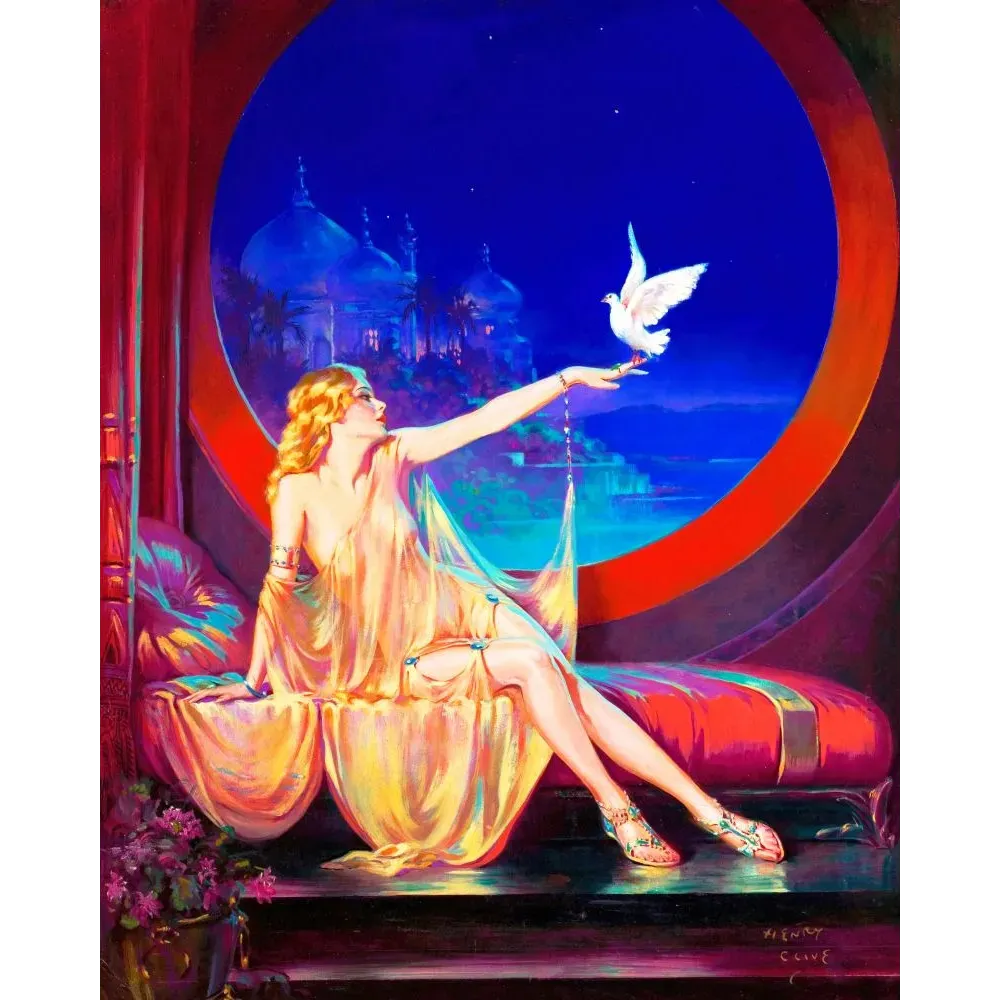 Peinture orientaliste Henry Clive femme robe dorée colombe blanche palais dômes lac nocturne 1920 Peinture orientaliste Henry Clive femme robe dorée colombe blanche palais dômes lac nocturne 1920