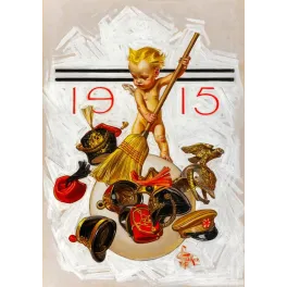 Illustration Leyendecker 1915 bébé Nouvel An ailé blond balayant casques militaires guerre allégorie paix