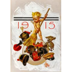 Illustration Leyendecker 1915 bébé Nouvel An ailé blond balayant casques militaires guerre allégorie paix