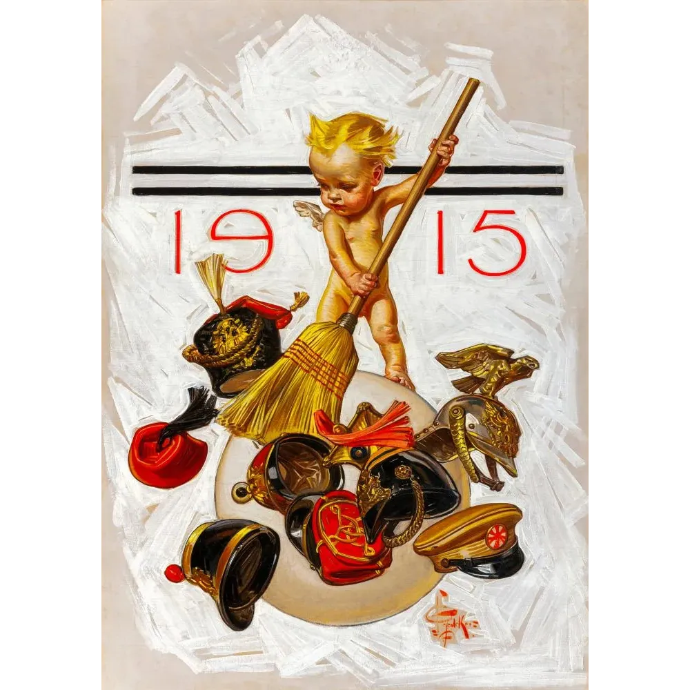 Illustration Leyendecker 1915 bébé Nouvel An ailé blond balayant casques militaires guerre allégorie paix Illustration Leyendecker 1915 bébé Nouvel An ailé blond balayant casques militaires guerre allégorie paix