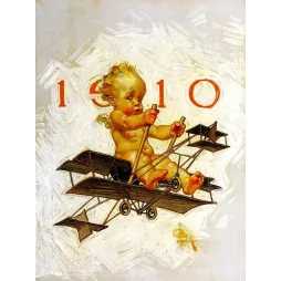 Illustration Leyendecker 1910 bébé Nouvel An nu blond aux commandes biplan aviation naissante