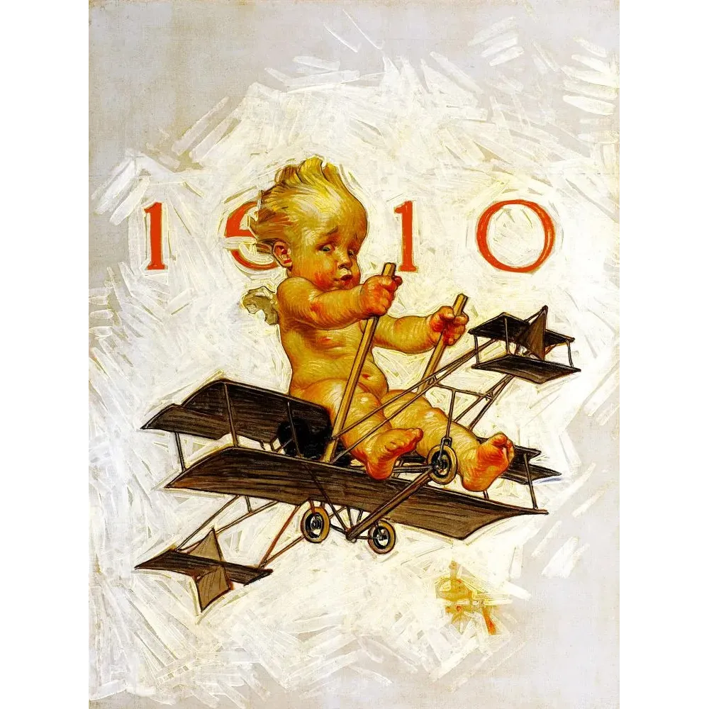 Illustration Leyendecker 1910 bébé Nouvel An nu blond aux commandes biplan aviation naissante Illustration Leyendecker 1910 bébé Nouvel An nu blond aux commandes biplan aviation naissante