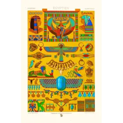 Planche ornementale égyptienne Firmin-Didot faucon solaire scarabée bijoux ankh sphinx fond doré XIXe