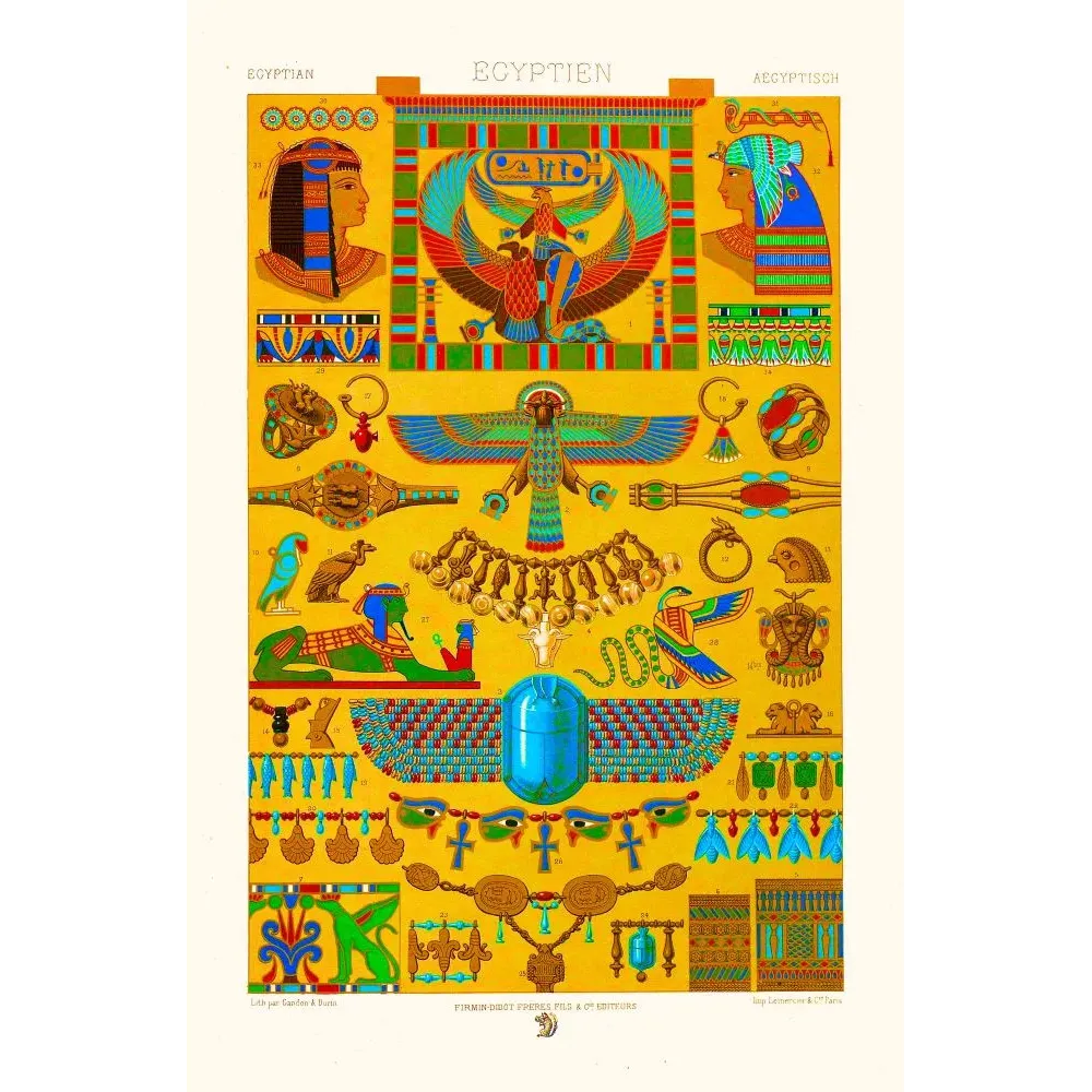 Planche ornementale égyptienne Firmin-Didot faucon solaire scarabée bijoux ankh sphinx fond doré XIXe Planche ornementale égyptienne Firmin-Didot faucon solaire scarabée bijoux ankh sphinx fond doré XIXe