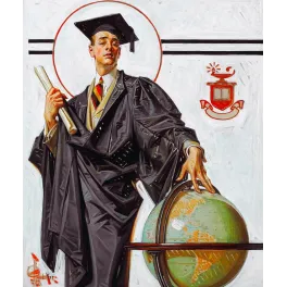 Illustration Leyendecker 1915 diplômé toge noire toque carrée diplôme globe terrestre écusson rouge
