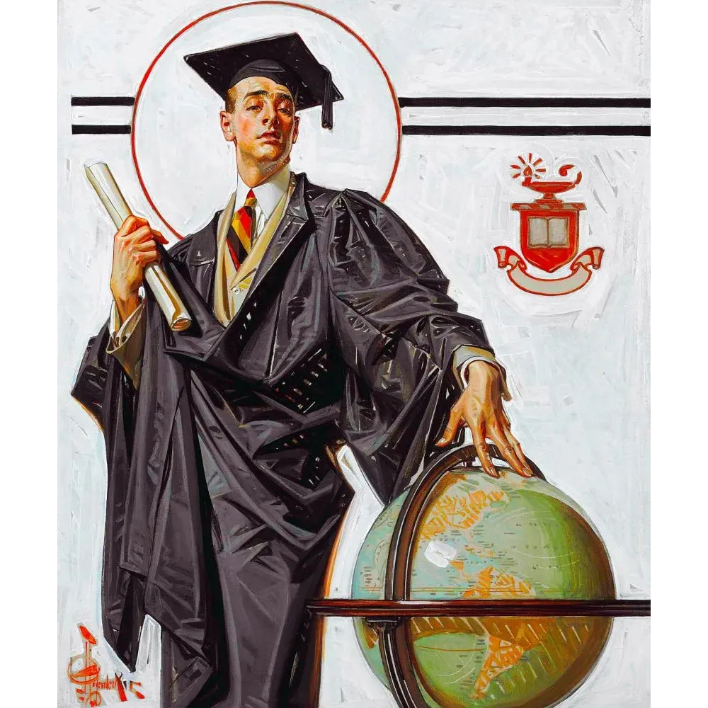 Illustration Leyendecker 1915 diplômé toge noire toque carrée diplôme globe terrestre écusson rouge Illustration Leyendecker 1915 diplômé toge noire toque carrée diplôme globe terrestre écusson rouge