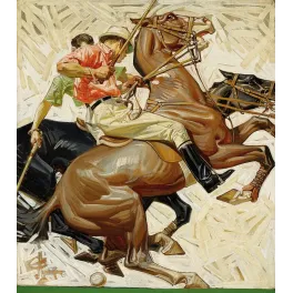 Illustration Leyendecker match polo cheval bai cabré joueur chemise rose crosse balle pelouse