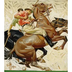 Illustration Leyendecker match polo cheval bai cabré joueur chemise rose crosse balle pelouse