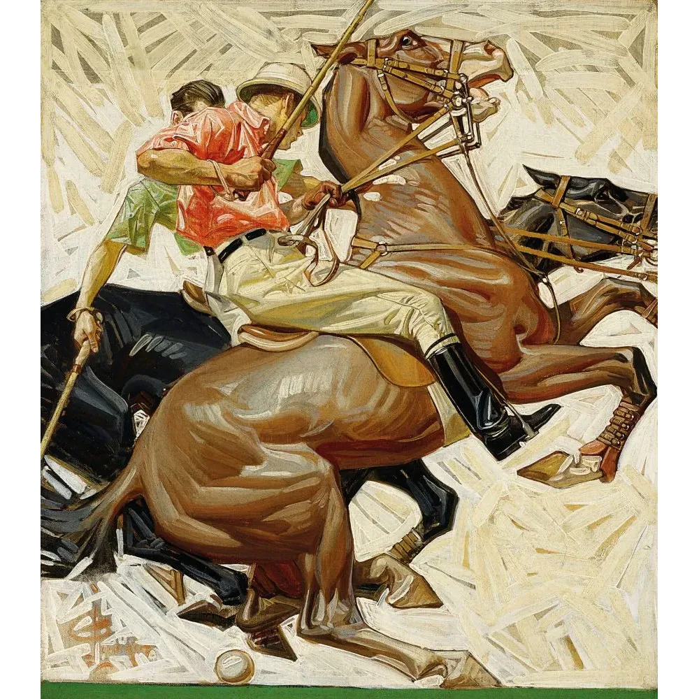 Illustration Leyendecker match polo cheval bai cabré joueur chemise rose crosse balle pelouse Illustration Leyendecker match polo cheval bai cabré joueur chemise rose crosse balle pelouse