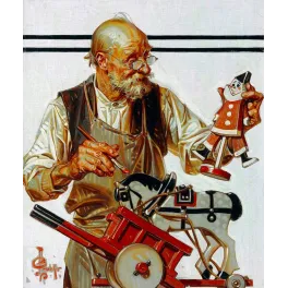 Illustration Leyendecker artisan Noël clown articulé bois cheval roulettes chariot rouge atelier