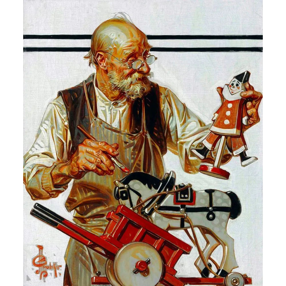 Illustration Leyendecker artisan Noël clown articulé bois cheval roulettes chariot rouge atelier