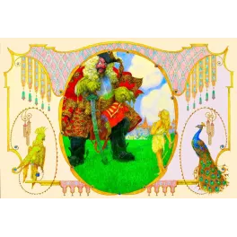 Illustration Art Nouveau conte de fées ogre manteau rouge or château perroquet jaune paon bleu pendeloques dorées