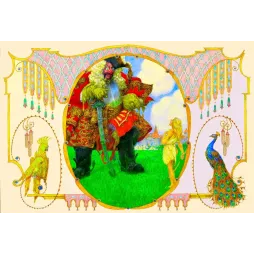Illustration Art Nouveau conte de fées ogre manteau rouge or château perroquet jaune paon bleu pendeloques dorées