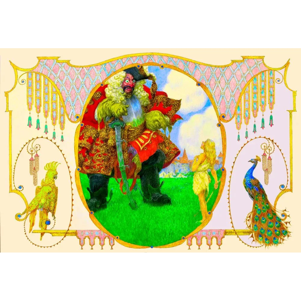 Illustration Art Nouveau conte de fées ogre manteau rouge or château perroquet jaune paon bleu pendeloques dorées Illustration Art Nouveau conte de fées ogre manteau rouge or château perroquet jaune paon bleu pendeloques dorées