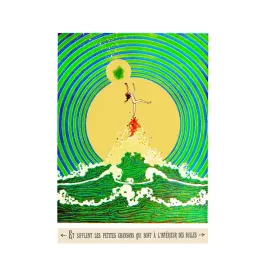Illustration symboliste femme rousse vague cercles concentriques verts or soleil légende chansons bulles