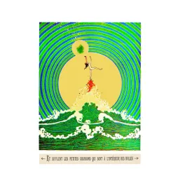 Illustration symboliste femme rousse vague cercles concentriques verts or soleil légende chansons bulles