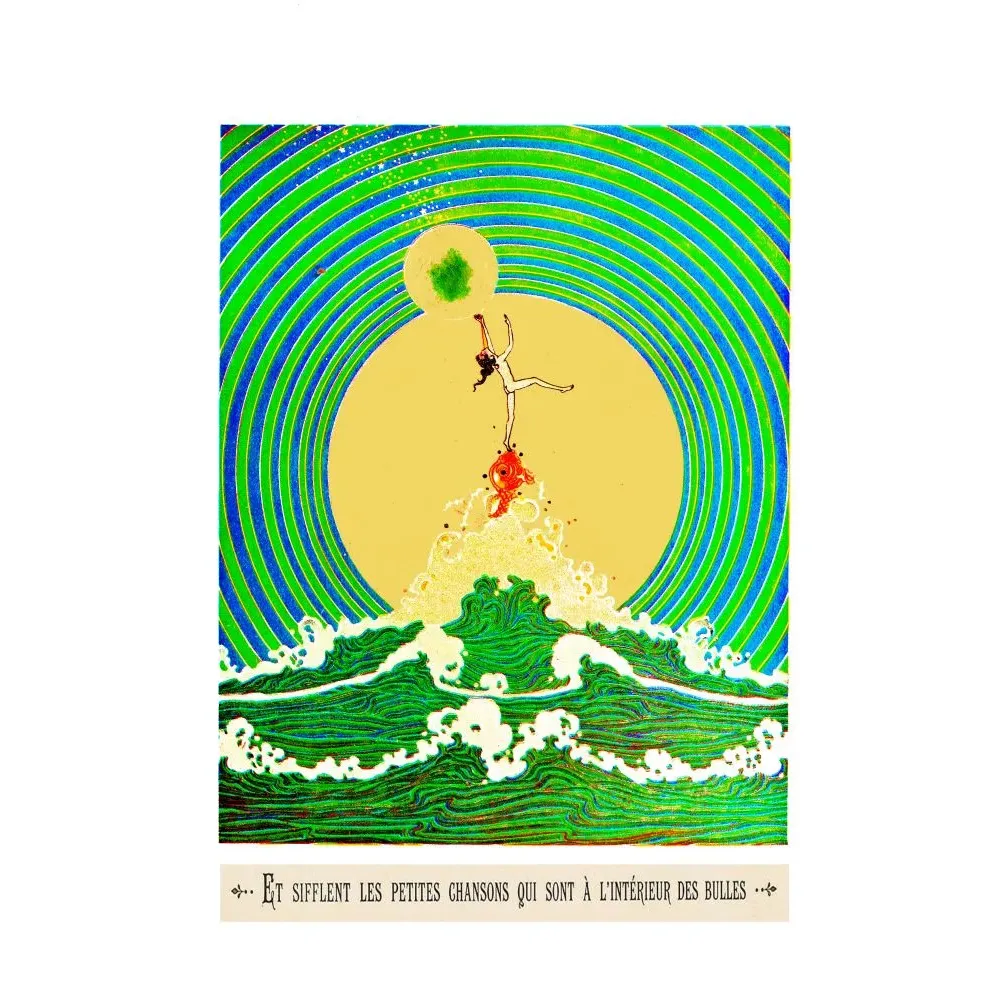 Illustration symboliste femme rousse vague cercles concentriques verts or soleil légende chansons bulles