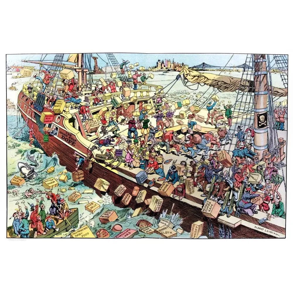 Caricature satirique Albert Levering Good Ship Dope aliments frelatés port New York 1906 Pure Food Act