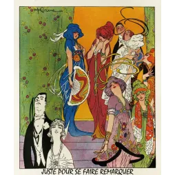 Illustration mode satirique Nels Greene 1914 femmes robes extravagantes escalier couple classique