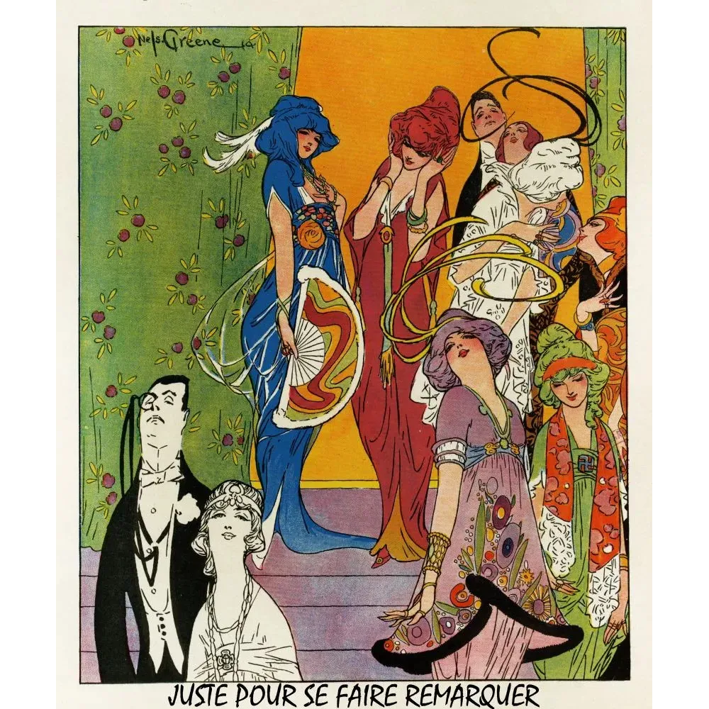 Illustration mode satirique Nels Greene 1914 femmes robes extravagantes escalier couple classique Illustration mode satirique Nels Greene 1914 femmes robes extravagantes escalier couple classique