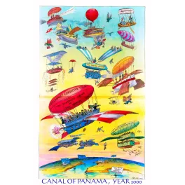 Caricature futuriste Canal de Panama an 2000 dirigeables biplans bateaux volants satire aviation début XXe