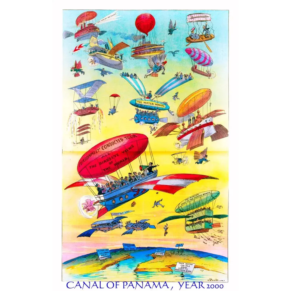 Caricature futuriste Canal de Panama an 2000 dirigeables biplans bateaux volants satire aviation début XXe Caricature futuriste Canal de Panama an 2000 dirigeables biplans bateaux volants satire aviation début XXe