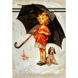 Illustration Leyendecker petite fille blonde imperméable rouge parapluie noir chiot beagle pluie