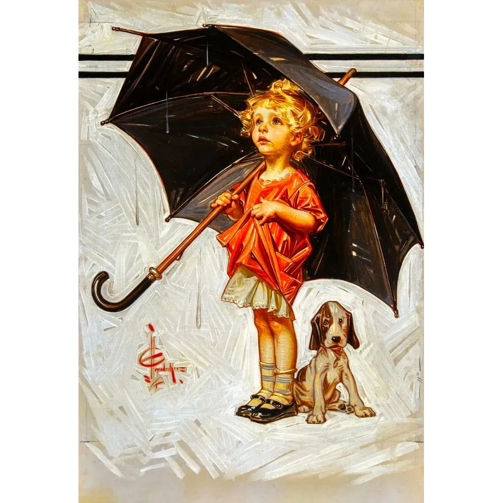Illustration Leyendecker petite fille blonde imperméable rouge parapluie noir chiot beagle pluie Illustration Leyendecker petite fille blonde imperméable rouge parapluie noir chiot beagle pluie