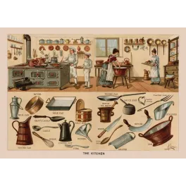 Planche pédagogique victorienne The Kitchen cuisine fourneau cuisiniers ustensiles légendés anglais XIXe