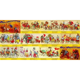 Chromolithographie McLoughlin Bros Circus Procession parade éléphants clowns chameaux cavaliers chars cirque XIXe