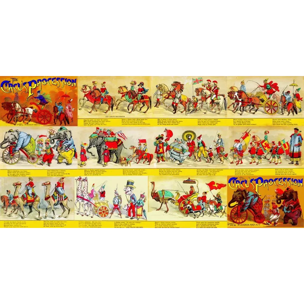 Chromolithographie McLoughlin Bros Circus Procession parade éléphants clowns chameaux cavaliers chars cirque XIXe