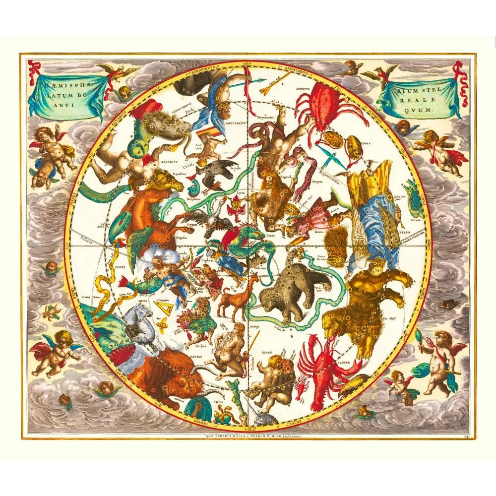 Carte céleste hémisphère boréal Valk Schenk Amsterdam constellations figurées zodiaque putti baroque XVIIe Carte céleste hémisphère boréal Valk Schenk Amsterdam constellations figurées zodiaque putti baroque XVIIe