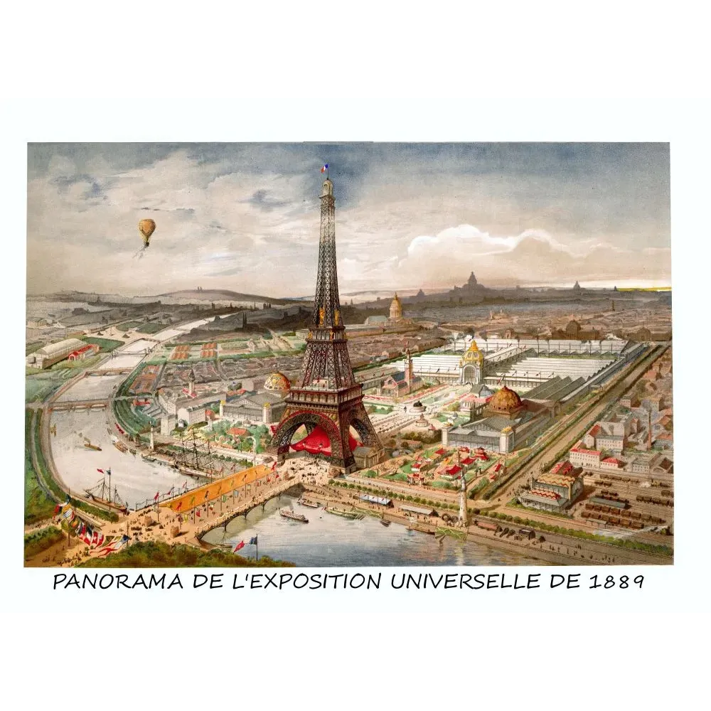 Panorama Exposition Universelle Paris 1889 tour Eiffel Champ-de-Mars Seine pavillons ballon vue vol d'oiseau