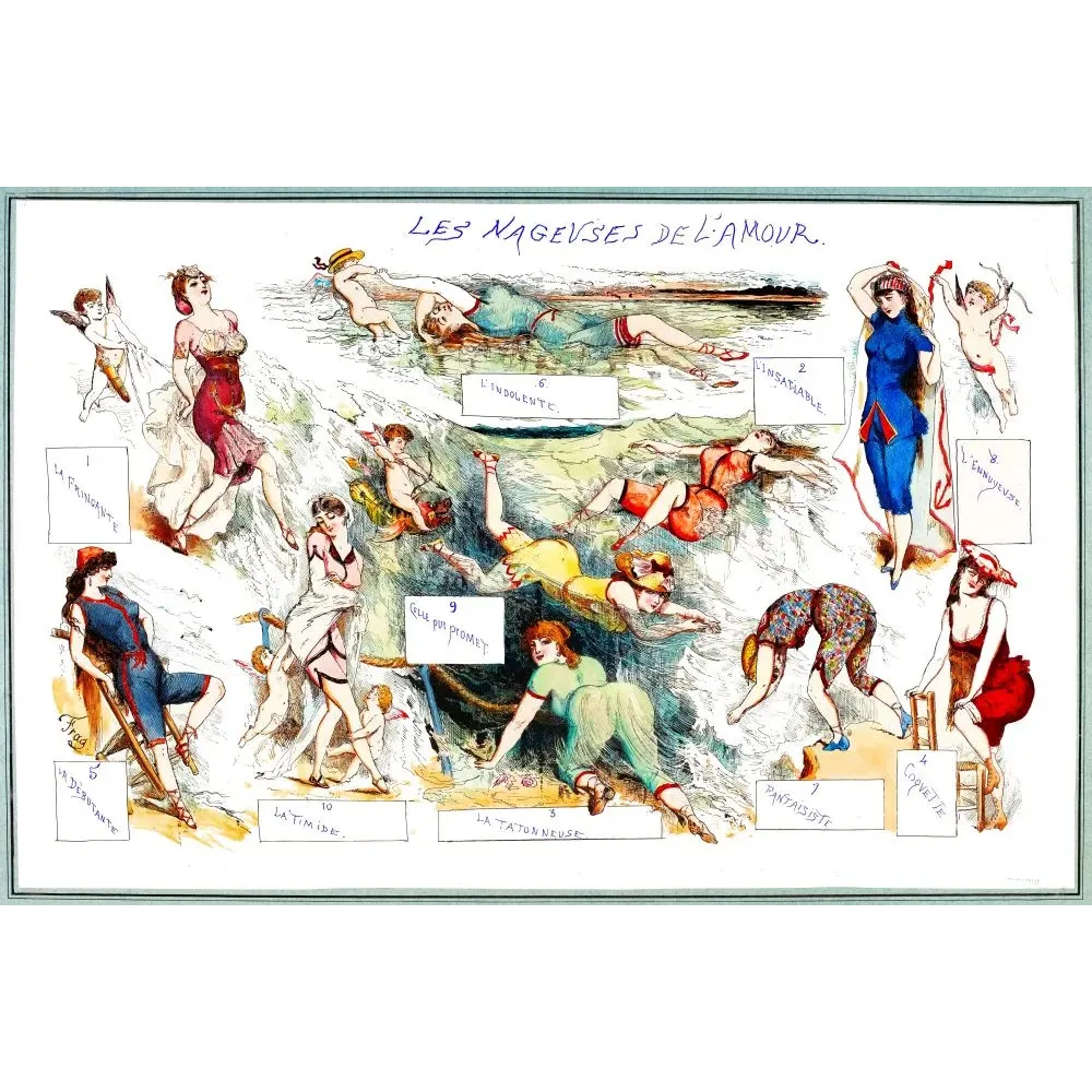 Illustration satirique Nageuses de l'Amour dix types baigneuses plage maillot mer caricature française XIXe Illustration satirique Nageuses de l'Amour dix types baigneuses plage maillot mer caricature française XIXe