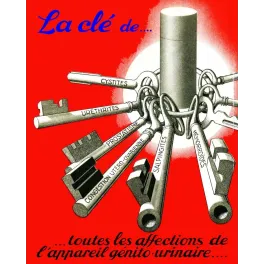 Publicité médicale Art Déco trousseau clés cystites uréthrites prostatisme fond rouge vif années 1930