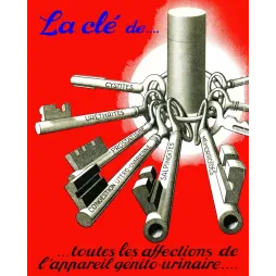 Publicité médicale Art Déco trousseau clés cystites uréthrites prostatisme fond rouge vif années 1930