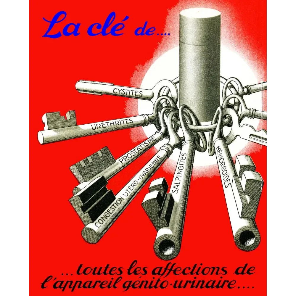 Publicité médicale Art Déco trousseau clés cystites uréthrites prostatisme fond rouge vif années 1930 Publicité médicale Art Déco trousseau clés cystites uréthrites prostatisme fond rouge vif années 1930