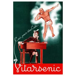 Publicité Art Déco Vitarsenic reconstituant écolier pâle bureau athlète musclé rouge slogan années 1930